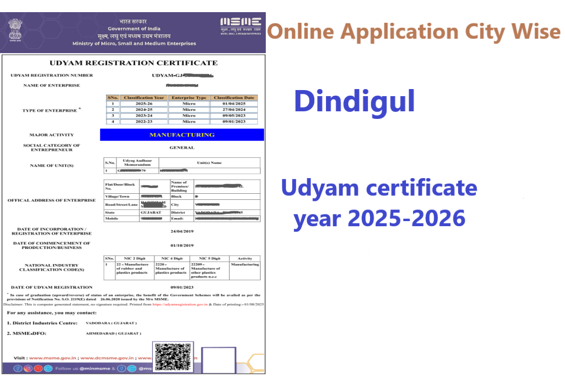 Dindigul  Udyam Certificate Year 2025-2026